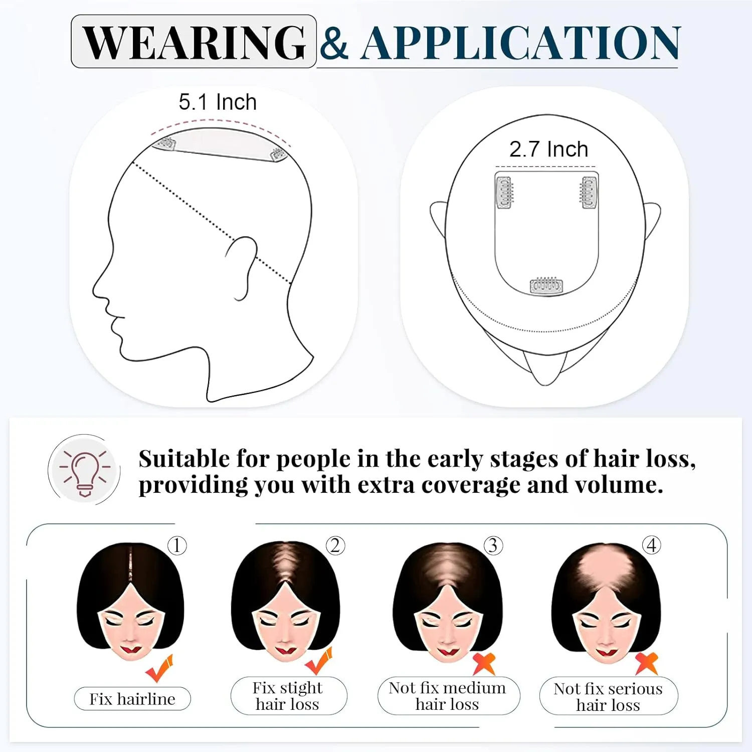 Benehair Clip on Topper Hair Extension with Thin Bang Human Hair Hand Made Silk Base wiglets Straight Soft Hair Extension for Women Hair Loss Thinning Medium Brown #4 6inch