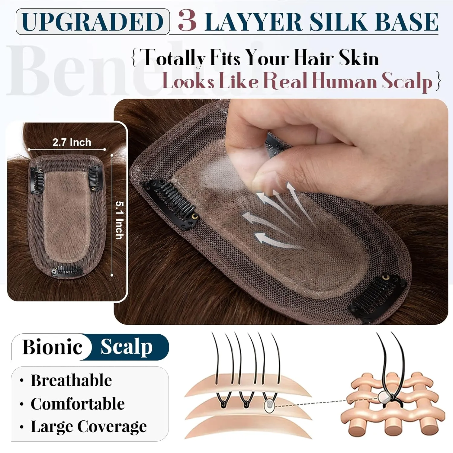 Benehair Clip on Topper Hair Extension with Thin Bang Human Hair Hand Made Silk Base wiglets Straight Soft Hair Extension for Women Hair Loss Thinning Medium Brown #4 6inch