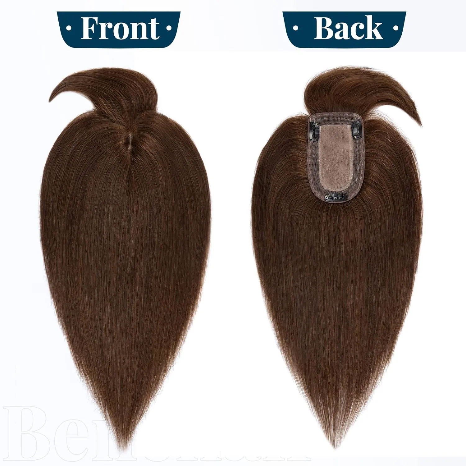 Benehair Clip on Topper Hair Extension with Thin Bang Human Hair Hand Made Silk Base wiglets Straight Soft Hair Extension for Women Hair Loss Thinning Medium Brown #4 6inch