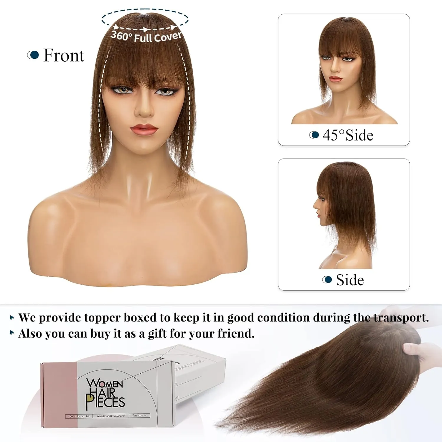 Benehair Clip on Topper Hair Extension with Thin Bang Human Hair Hand Made Silk Base wiglets Straight Soft Hair Extension for Women Hair Loss Thinning Medium Brown #4 6inch