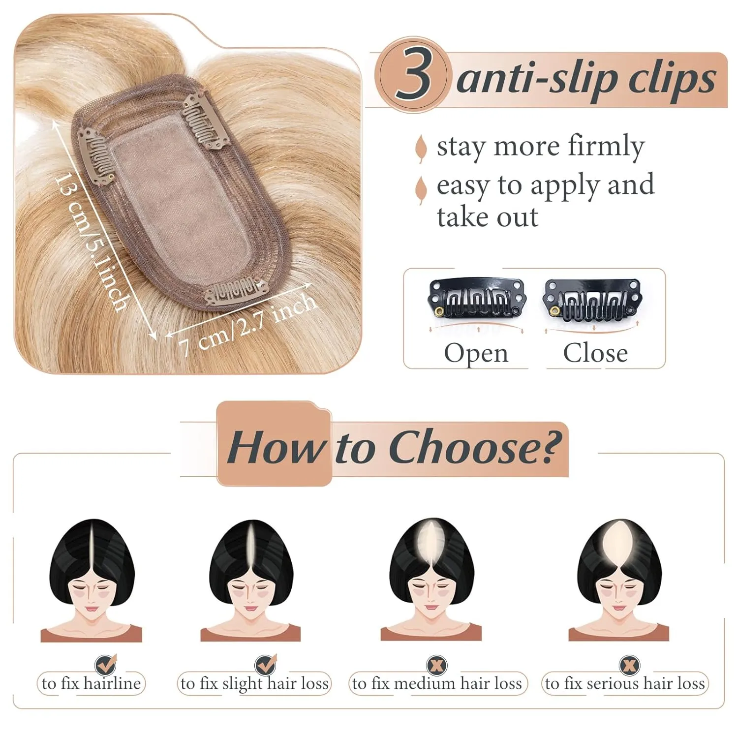Benehair Remy Human Hair Toppers for Women with Bangs 150% Density Hand Made Silk Base Clip in Hair Pieces for Women with Slight Hair Loss Thinning Hair -10 Inch Golden Brown&Bleach Blonde