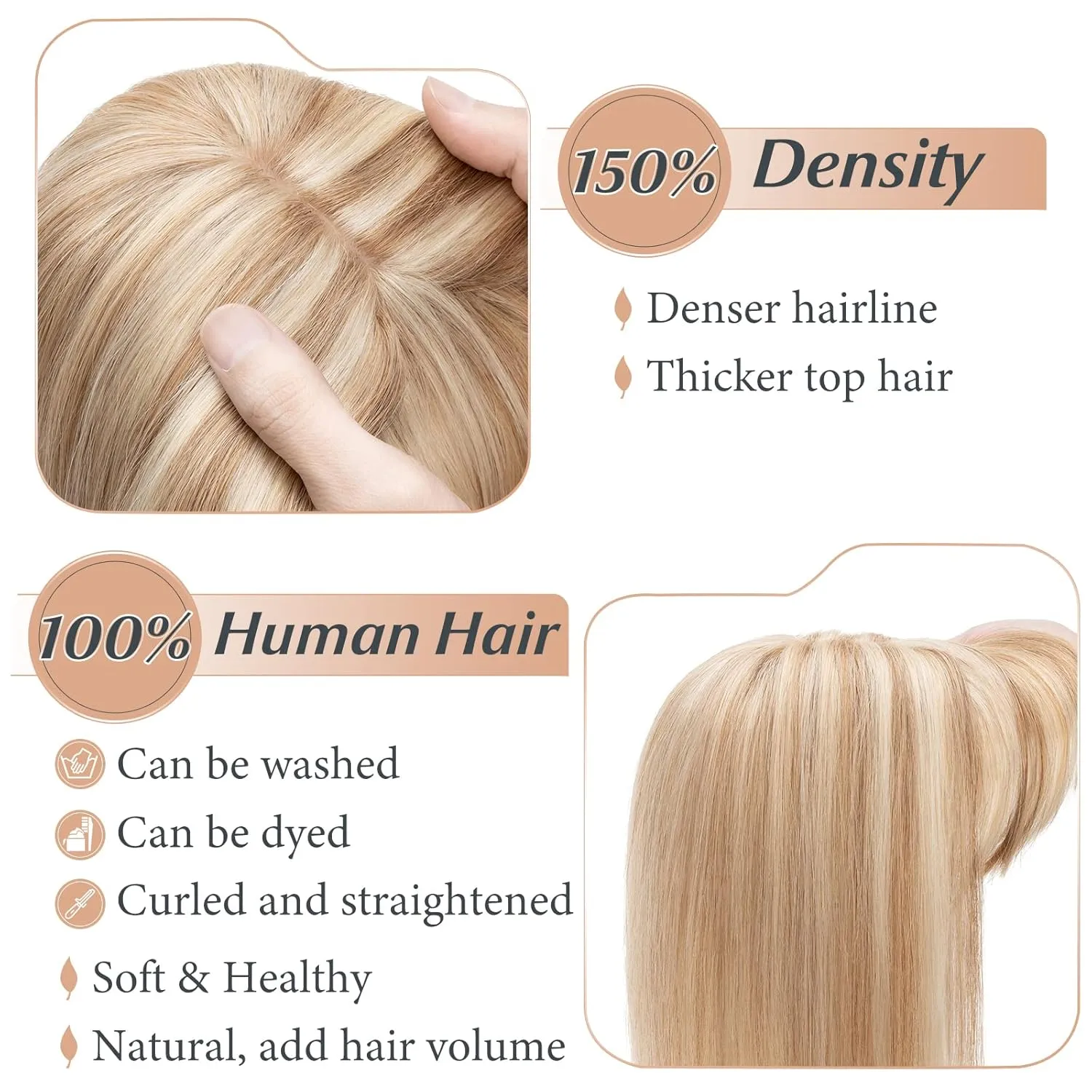 Benehair Remy Human Hair Toppers for Women with Bangs 150% Density Hand Made Silk Base Clip in Hair Pieces for Women with Slight Hair Loss Thinning Hair -10 Inch Golden Brown&Bleach Blonde