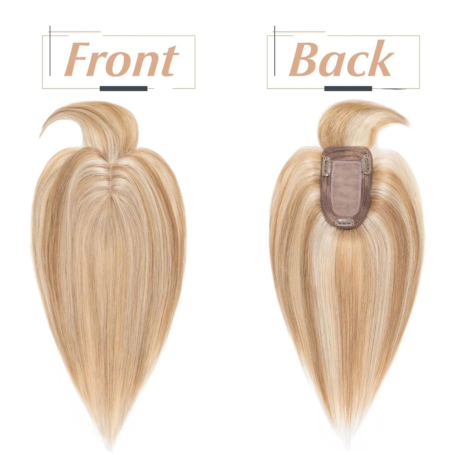 Benehair Remy Human Hair Toppers for Women with Bangs 150% Density Hand Made Silk Base Clip in Hair Pieces for Women with Slight Hair Loss Thinning Hair -10 Inch Golden Brown&Bleach Blonde
