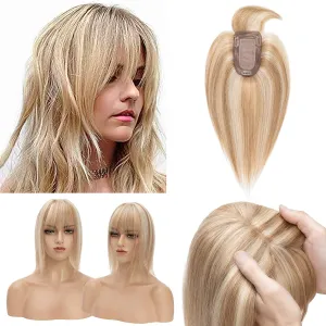 Benehair Remy Human Hair Toppers for Women with Bangs 150% Density Hand Made Silk Base Clip in Hair Pieces for Women with Slight Hair Loss Thinning Hair -10 Inch Golden Brown&Bleach Blonde