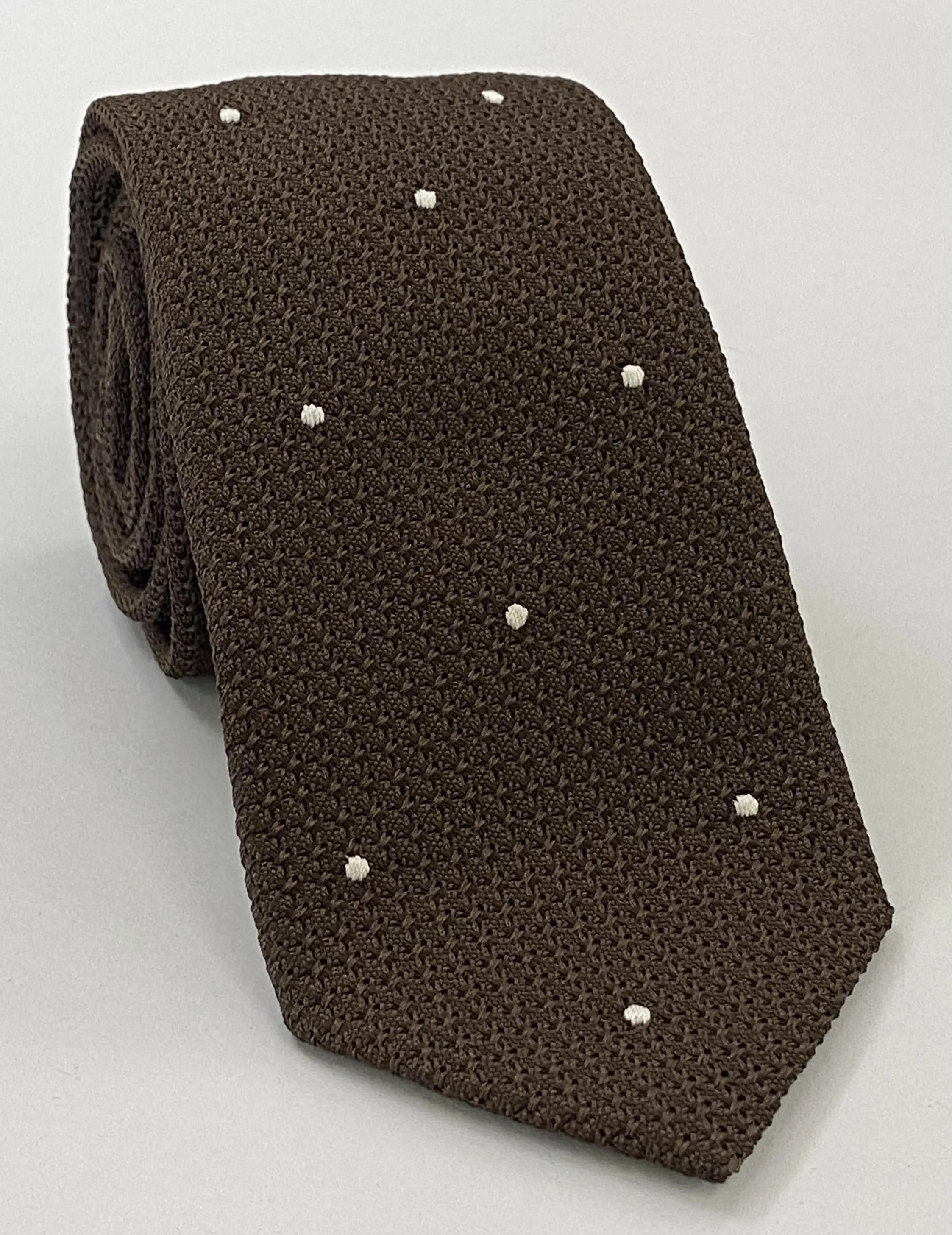 Bitter Chocolate Grenadine Grossa with White (Hand Sewn) Pin Dots Silk Tie #GGDT-6 (1)
