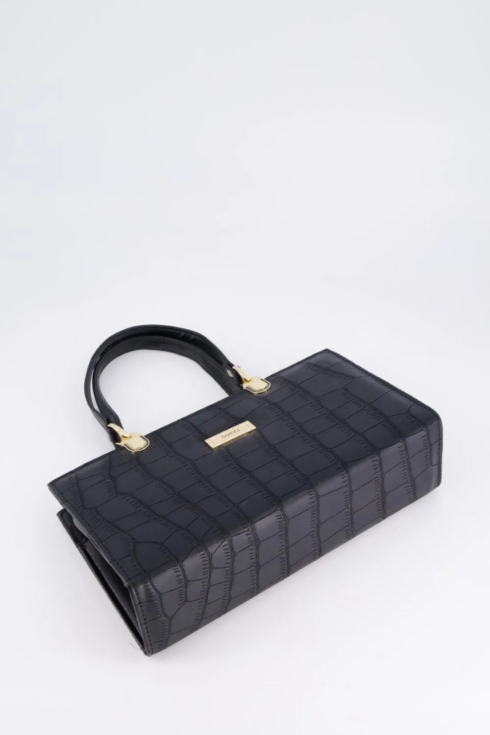 Black Croc-Textured Handbag