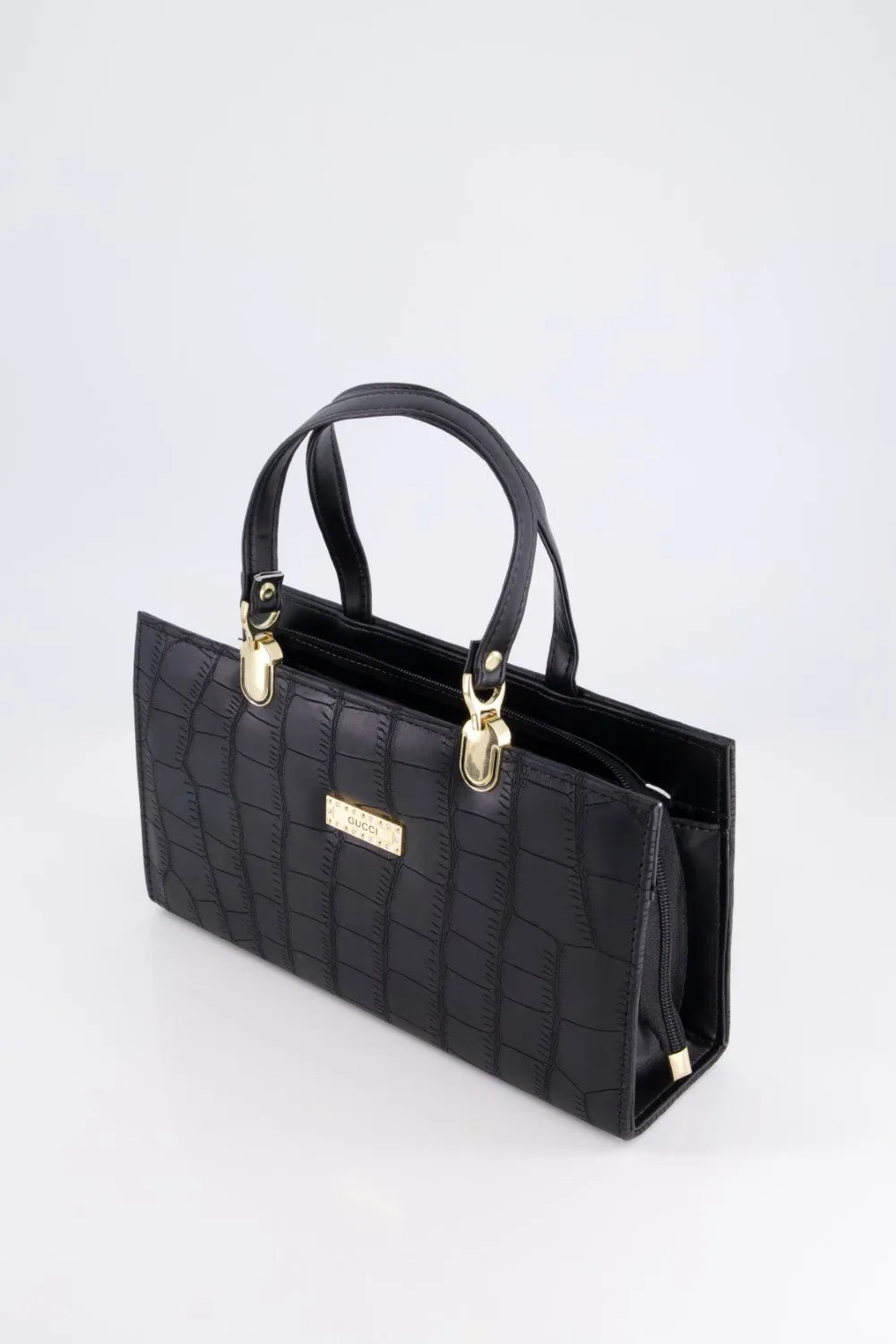 Black Croc-Textured Handbag