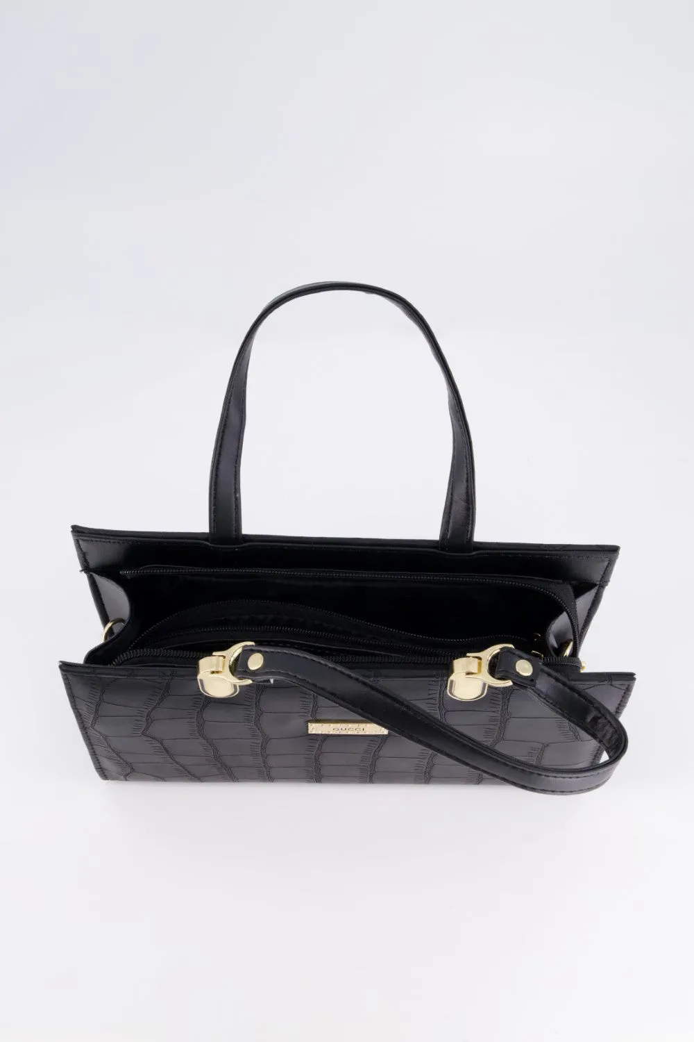 Black Croc-Textured Handbag