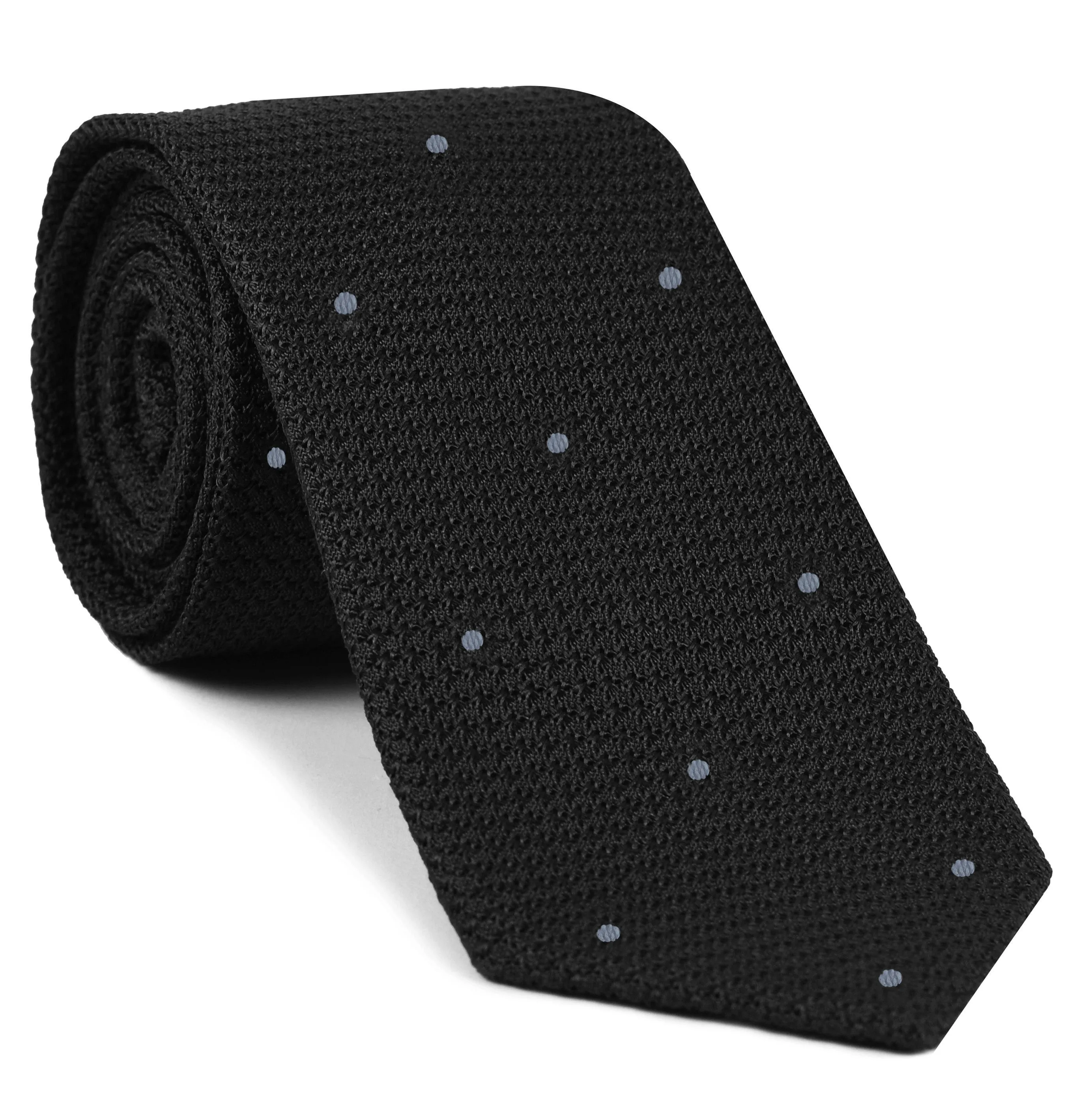 Black Grenadine Grossa with Silver Gray (Hand Sewn) Pin Dots Silk Tie #GGDT-7 (35)
