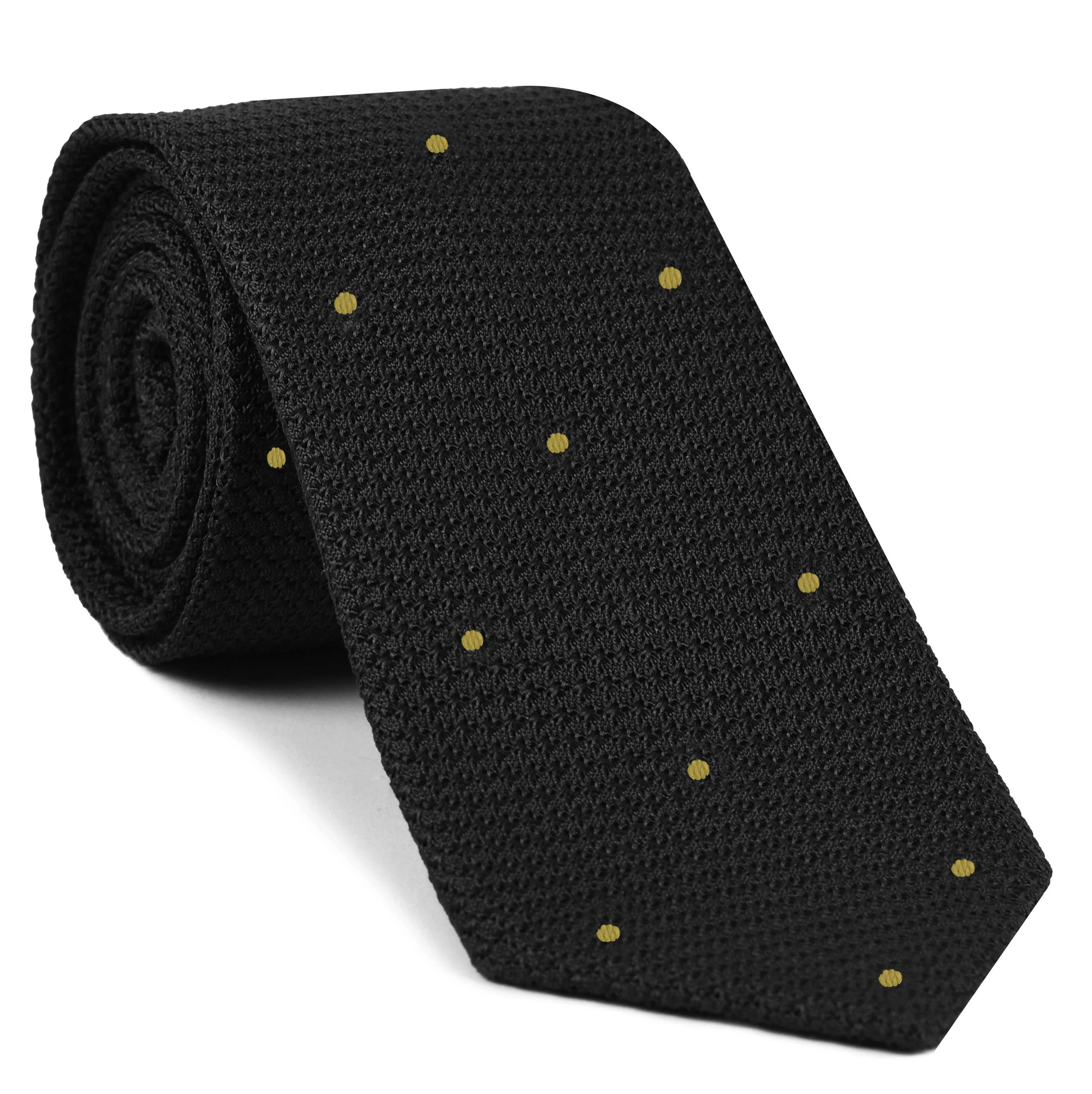 Black Grenadine Grossa with Yellow (Hand Sewn) Pin Dots Silk Tie #GGDT-7 (25)