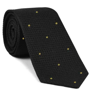 Black Grenadine Grossa with Yellow (Hand Sewn) Pin Dots Silk Tie #GGDT-7 (25)