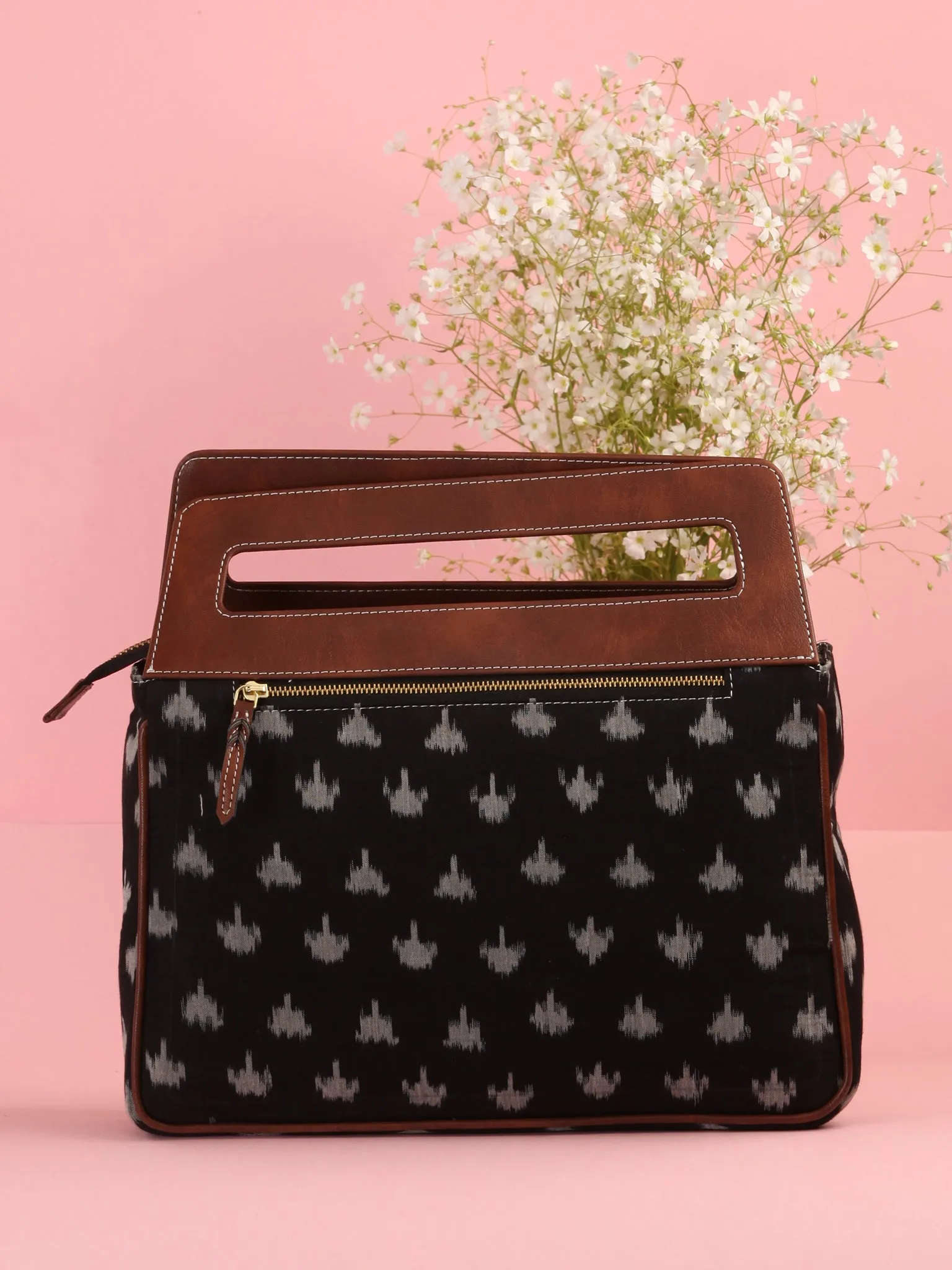 Black Ikat Baguette Bag with Vegan Leather Top Handles - B0903