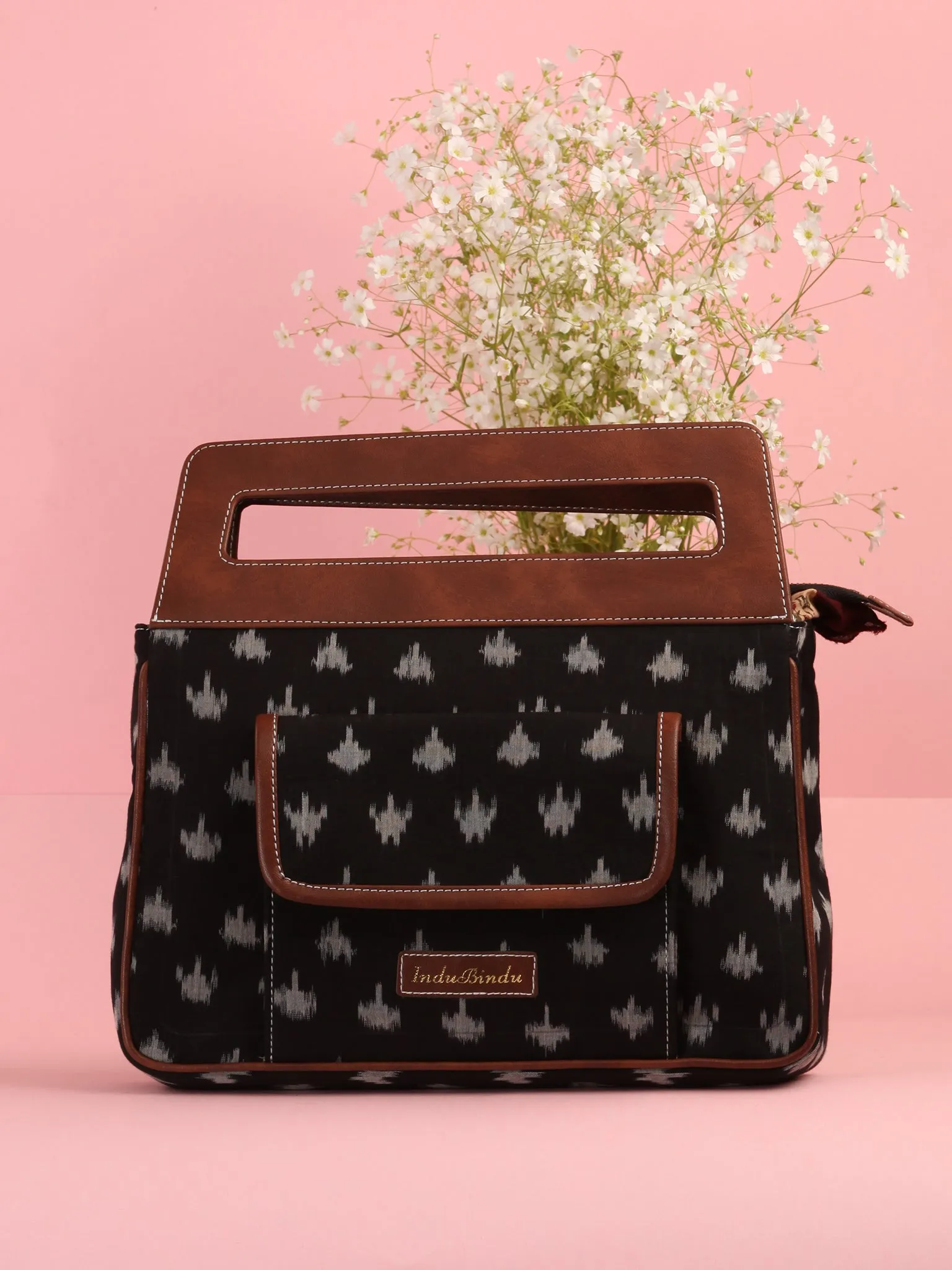 Black Ikat Baguette Bag with Vegan Leather Top Handles - B0903