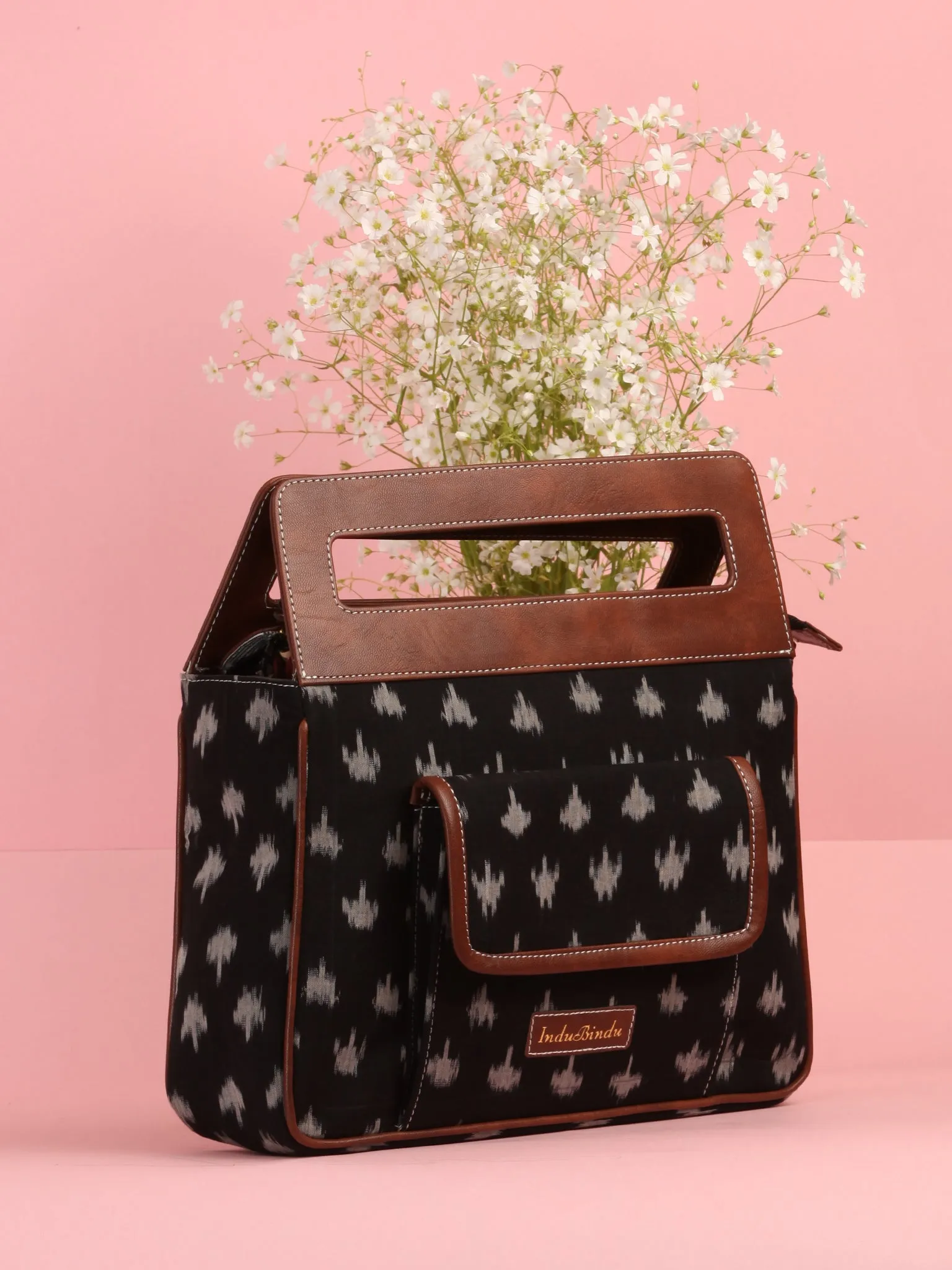 Black Ikat Baguette Bag with Vegan Leather Top Handles - B0903