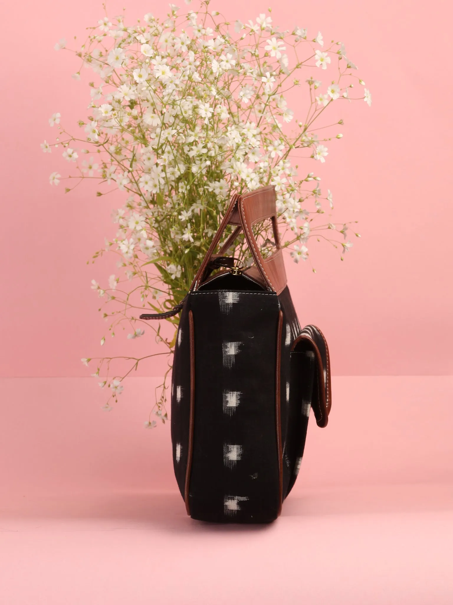 Black White Ikat Baguette Bag with Vegan Leather Top Handles - B0907