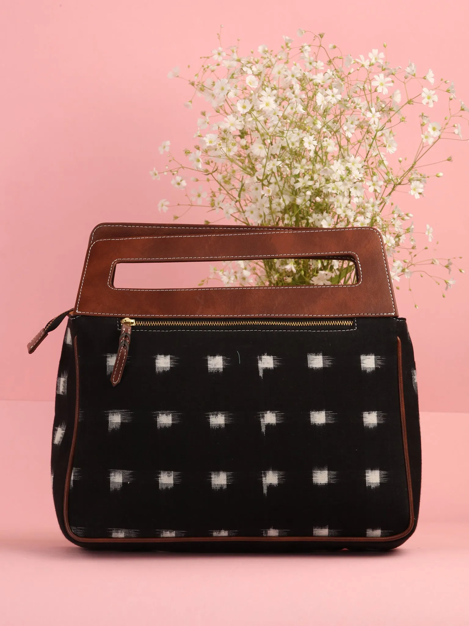 Black White Ikat Baguette Bag with Vegan Leather Top Handles - B0907