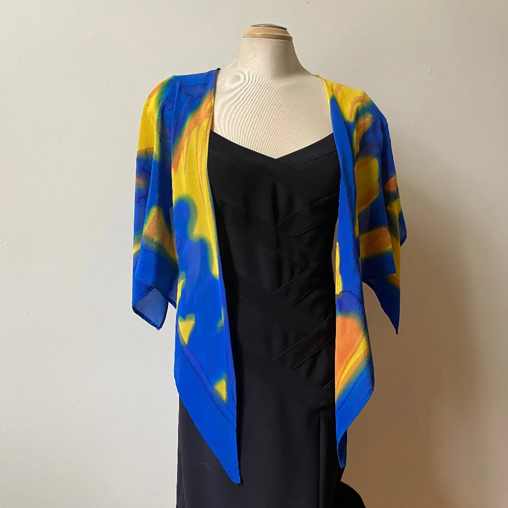 Blue and yellow large wrap, scarf, shawl, handpainted silk, art to wear. Designer art scarf.