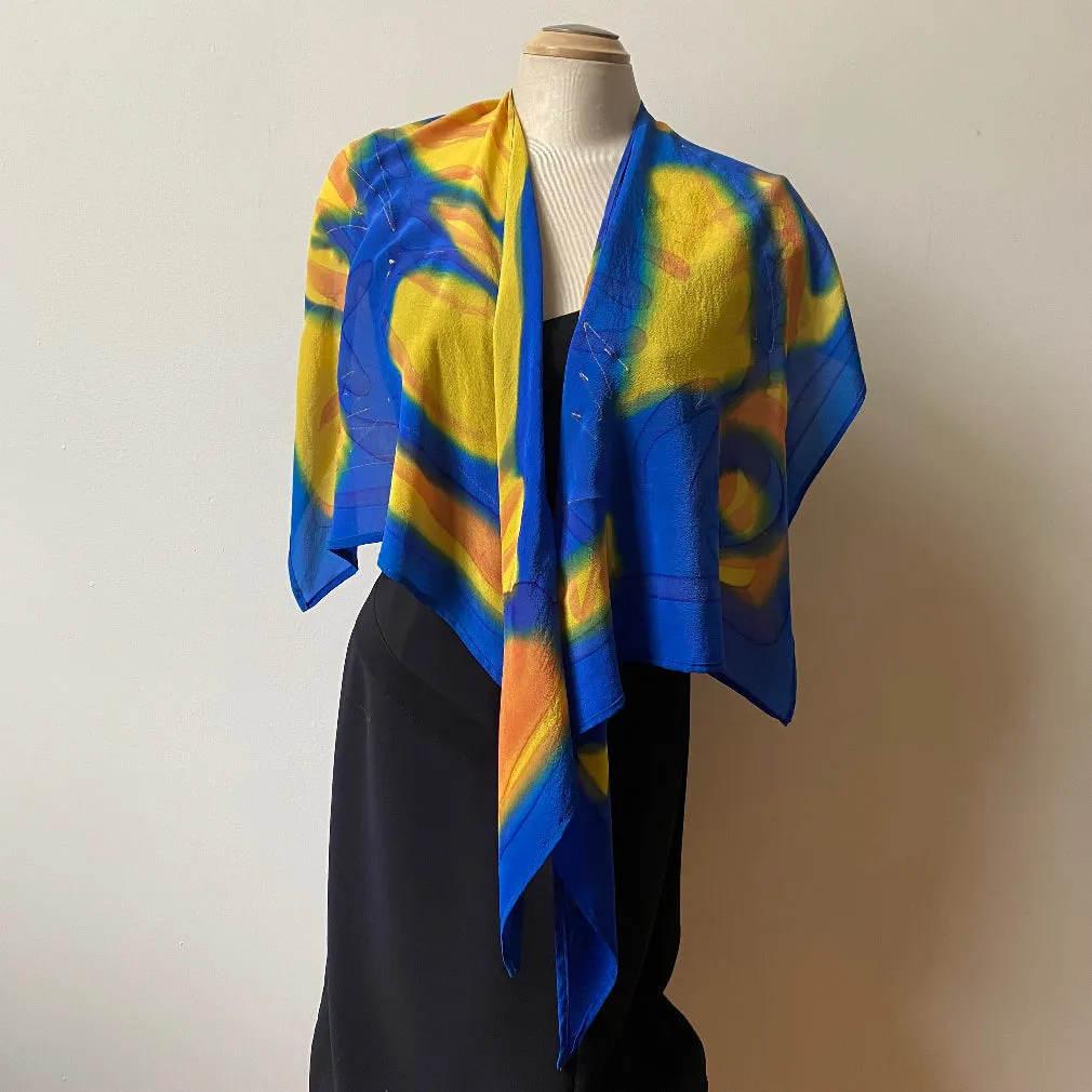 Blue and yellow large wrap, scarf, shawl, handpainted silk, art to wear. Designer art scarf.