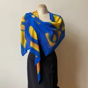 Blue and yellow large wrap, scarf, shawl, handpainted silk, art to wear. Designer art scarf.