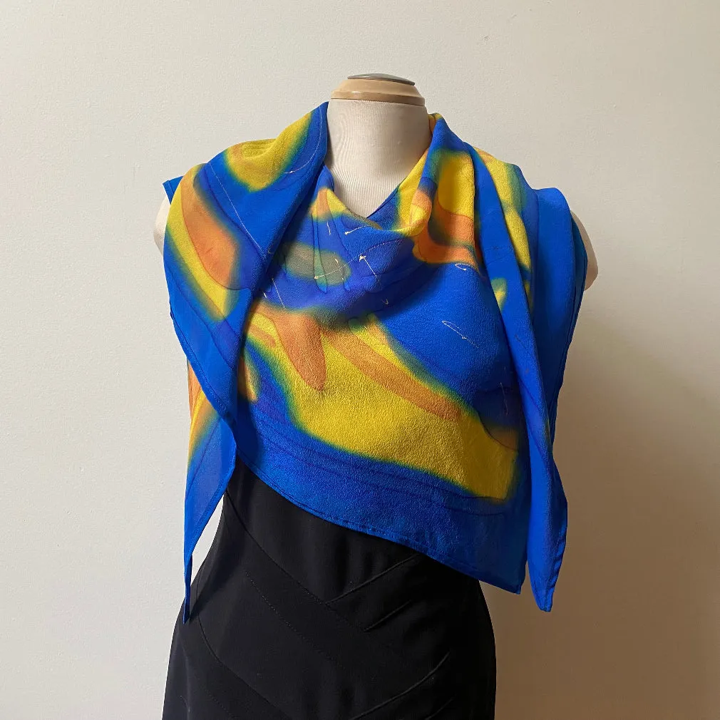 Blue and yellow large wrap, scarf, shawl, handpainted silk, art to wear. Designer art scarf.