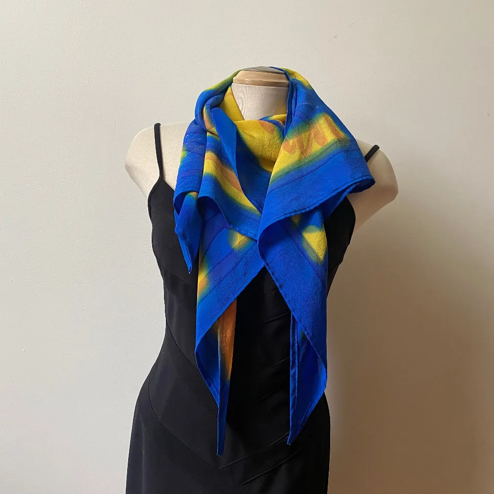 Blue and yellow large wrap, scarf, shawl, handpainted silk, art to wear. Designer art scarf.