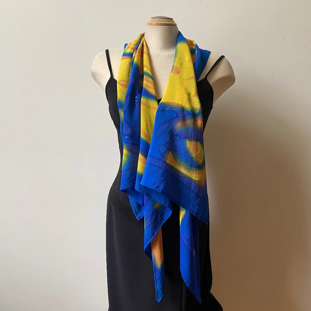 Blue and yellow large wrap, scarf, shawl, handpainted silk, art to wear. Designer art scarf.