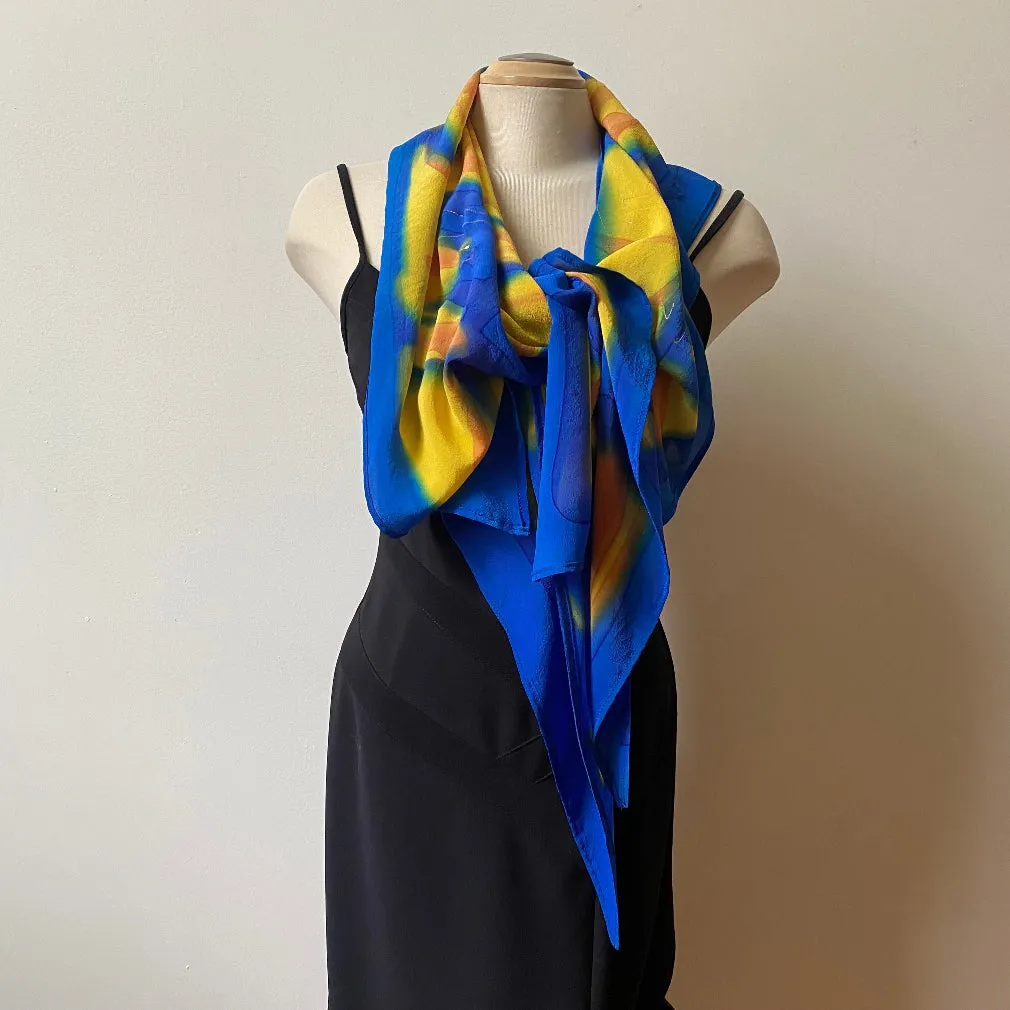 Blue and yellow large wrap, scarf, shawl, handpainted silk, art to wear. Designer art scarf.