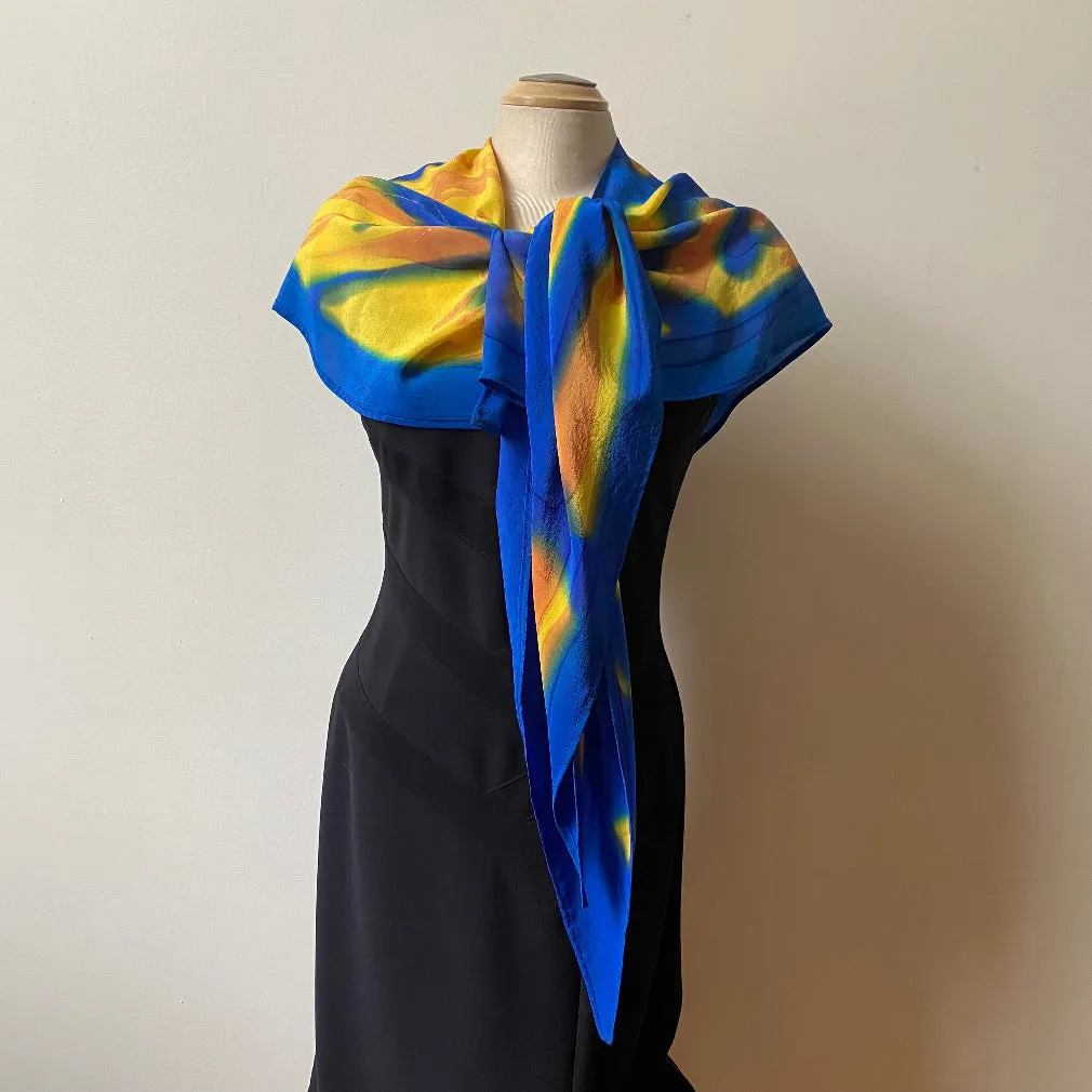 Blue and yellow large wrap, scarf, shawl, handpainted silk, art to wear. Designer art scarf.