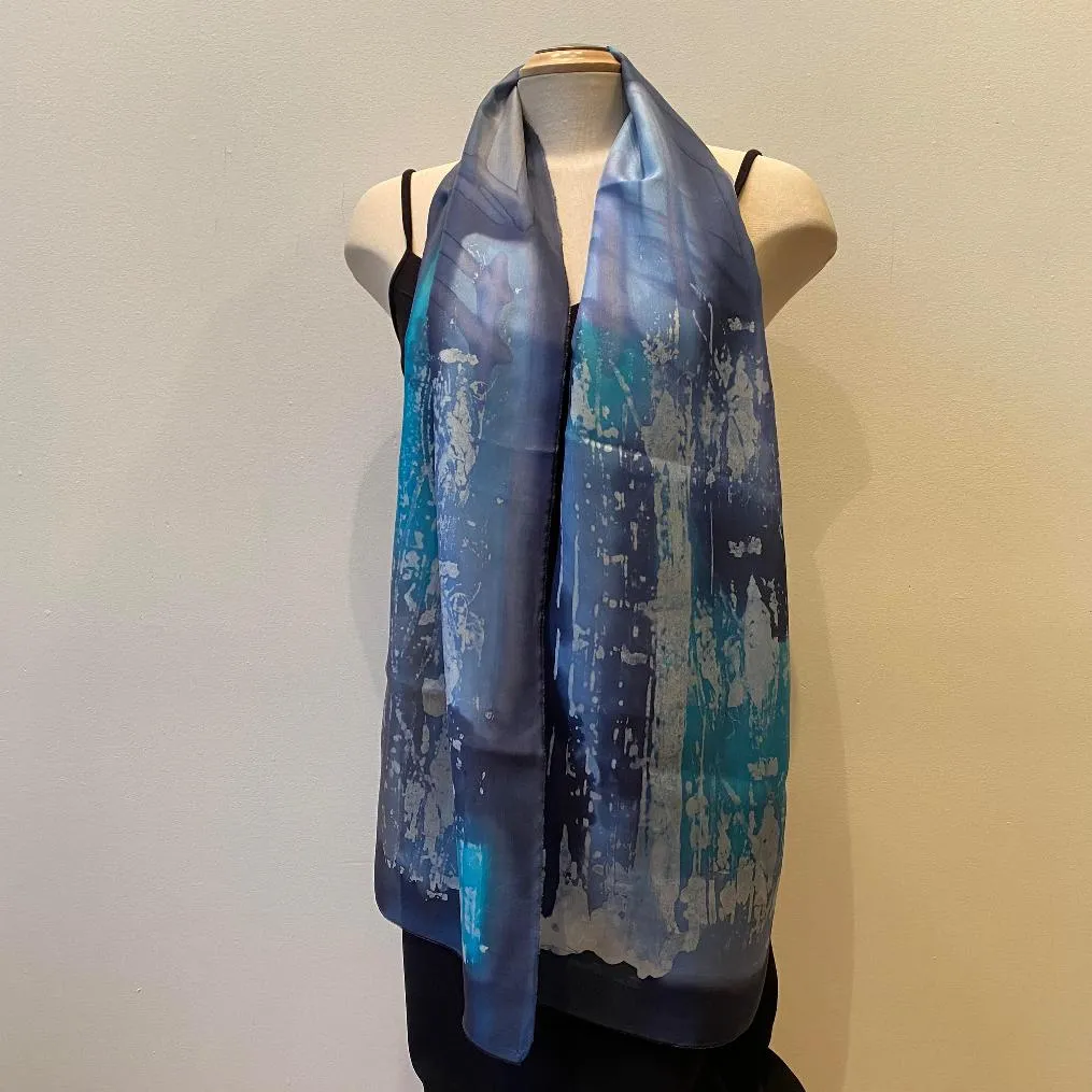 Blue batik silk scarf, handpainted silk shawl, art scarf, designer scarf, art to wear