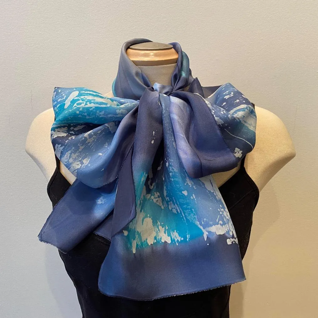 Blue batik silk scarf, handpainted silk shawl, art scarf, designer scarf, art to wear