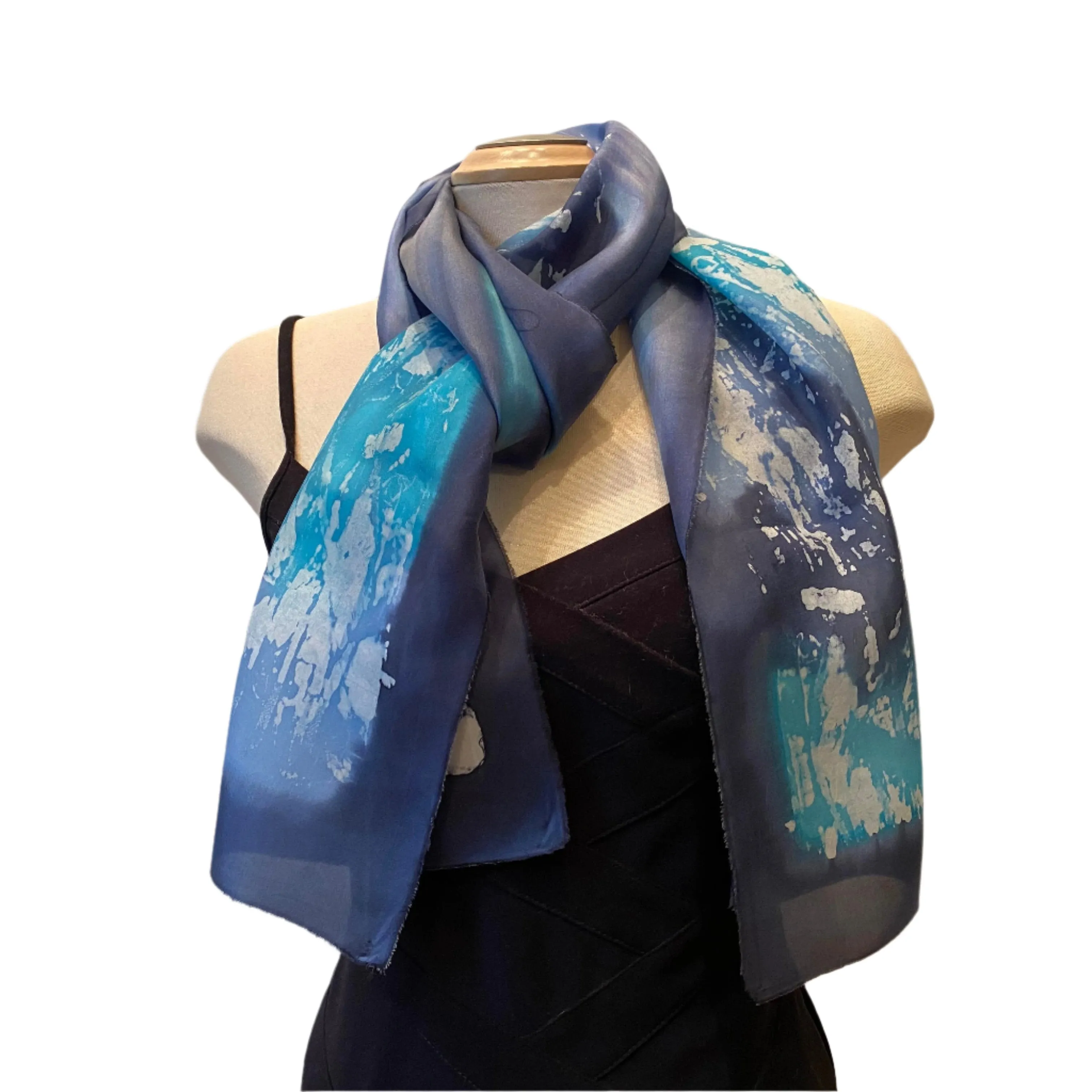 Blue batik silk scarf, handpainted silk shawl, art scarf, designer scarf, art to wear