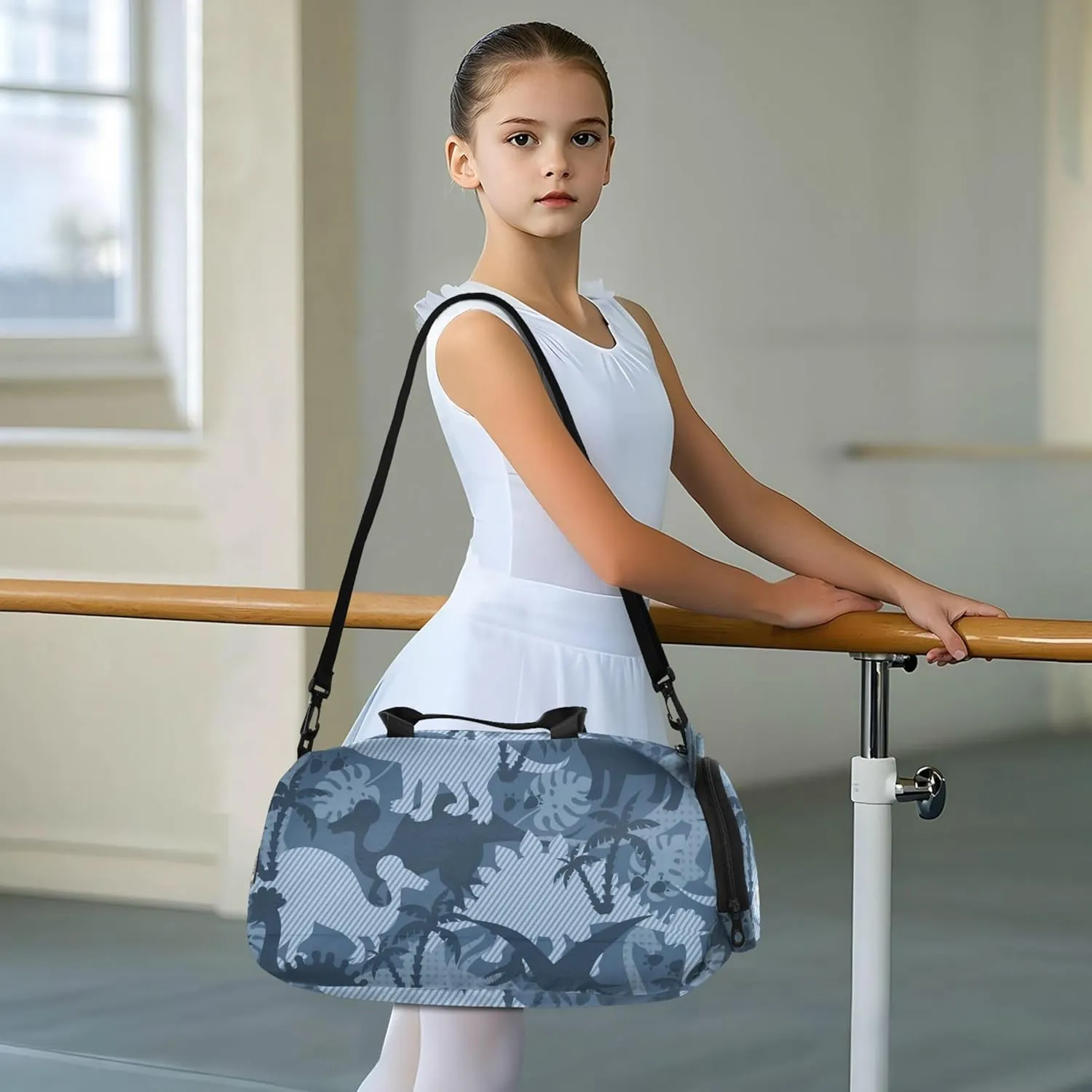 Blue Tropical Dinosaurs Girl's Gym Duffel Bag with Shoes Compartment Lightweight Weekender Overnight Duffel Bag for Travel, Sports, Fitness & Workout