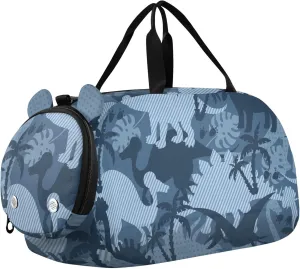 Blue Tropical Dinosaurs Girl's Gym Duffel Bag with Shoes Compartment Lightweight Weekender Overnight Duffel Bag for Travel, Sports, Fitness & Workout