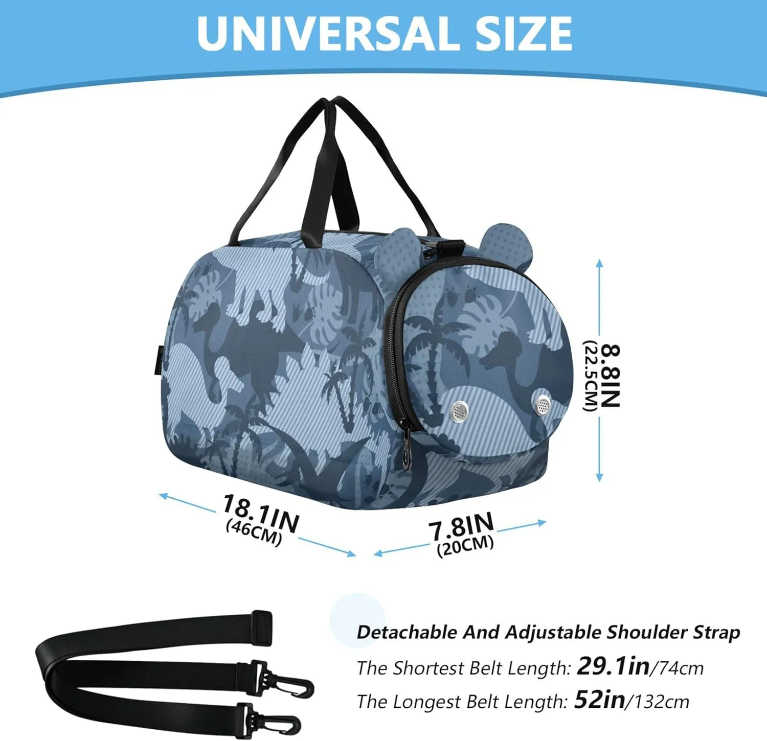 Blue Tropical Dinosaurs Girl's Gym Duffel Bag with Shoes Compartment Lightweight Weekender Overnight Duffel Bag for Travel, Sports, Fitness & Workout