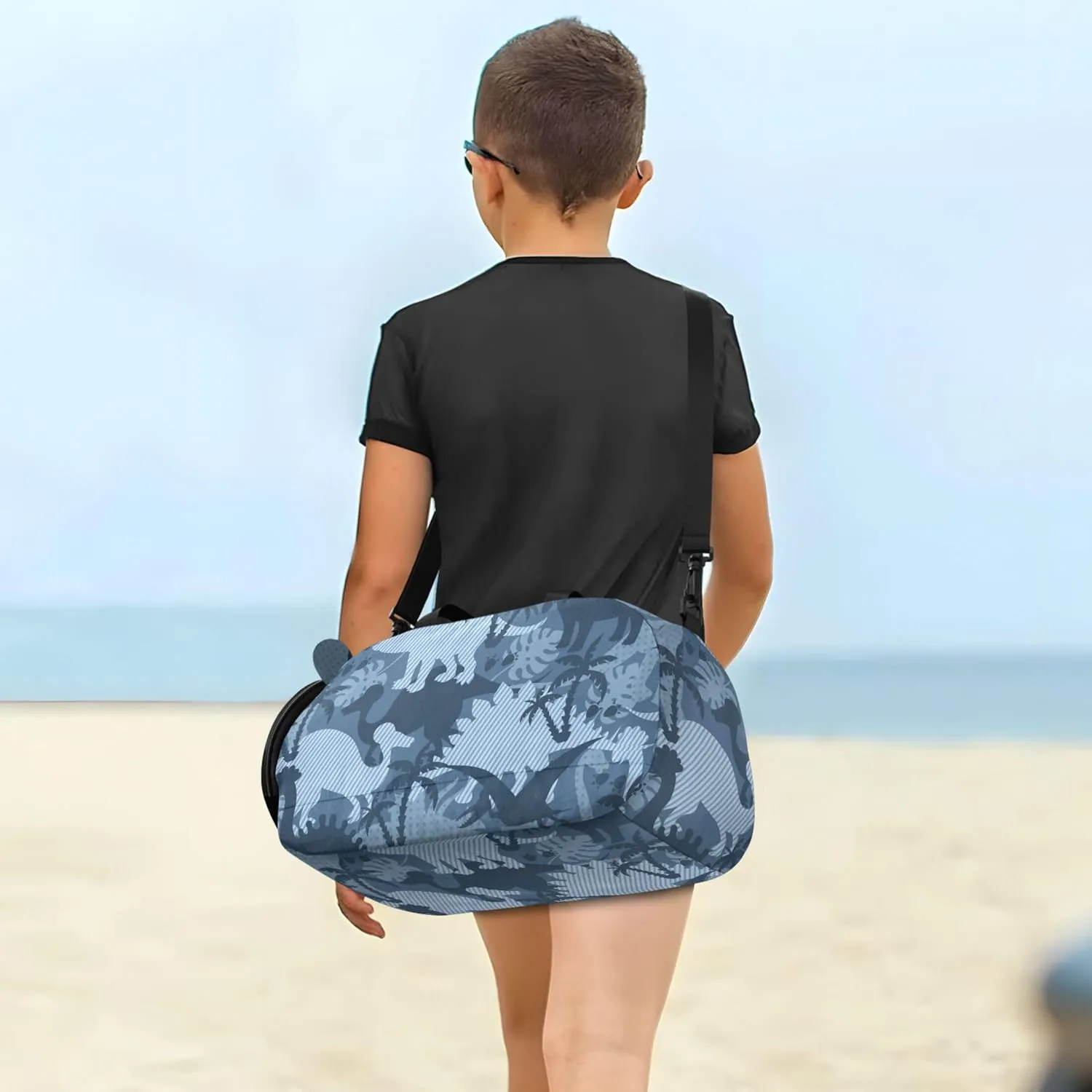 Blue Tropical Dinosaurs Girl's Gym Duffel Bag with Shoes Compartment Lightweight Weekender Overnight Duffel Bag for Travel, Sports, Fitness & Workout