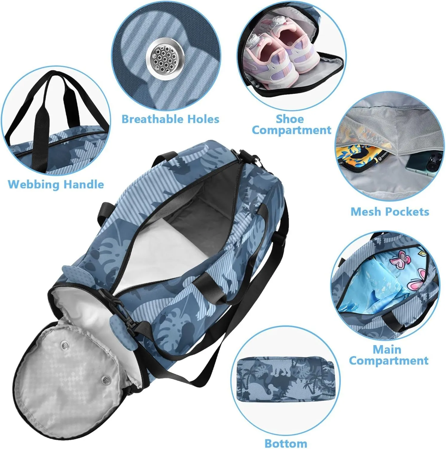 Blue Tropical Dinosaurs Girl's Gym Duffel Bag with Shoes Compartment Lightweight Weekender Overnight Duffel Bag for Travel, Sports, Fitness & Workout