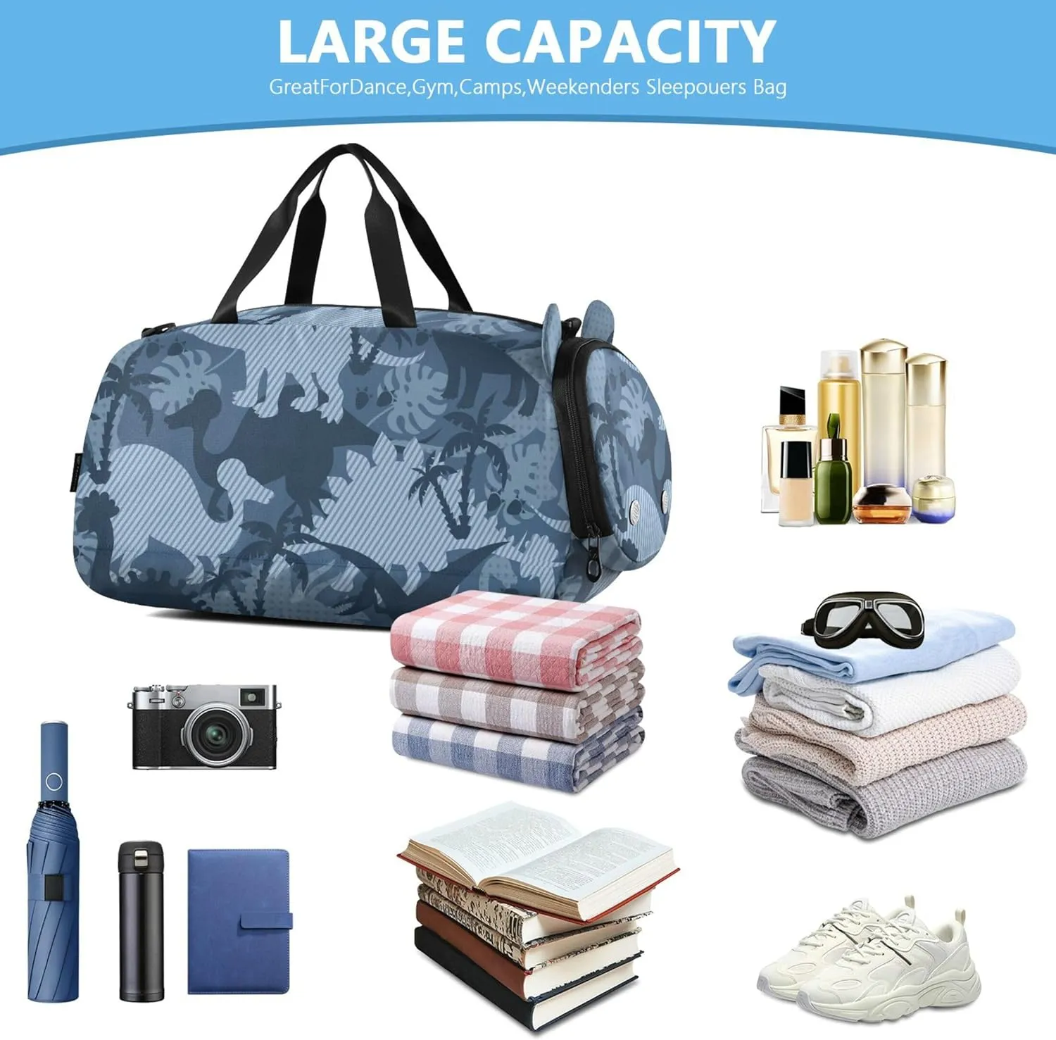 Blue Tropical Dinosaurs Girl's Gym Duffel Bag with Shoes Compartment Lightweight Weekender Overnight Duffel Bag for Travel, Sports, Fitness & Workout