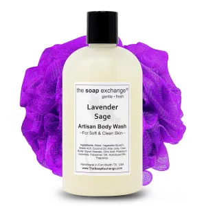 Body Wash - Lavender Sage Scent - Hand Crafted 12 fl oz / 354 ml Natural Artisan Liquid Soap for Hand, Face & Body, Shower Gel, Cleanse, Moisturize, & Protect. Made in the USA.