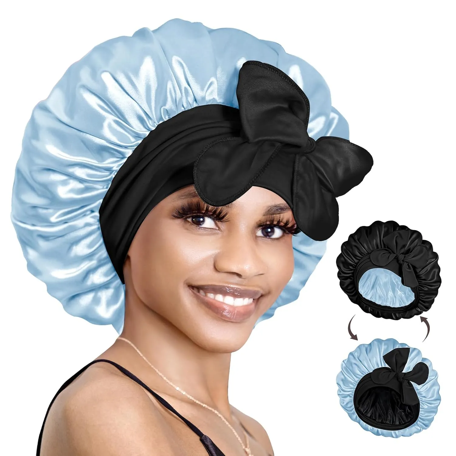 BONNET QUEEN Silk Bonnet for Sleeping Women Hair Bonnet REVERSIBLE Double Layer Satin Bonnet Tie Bonnet Sleep Satin Hair Wrap Night Cap For Curly Hair Black Blue