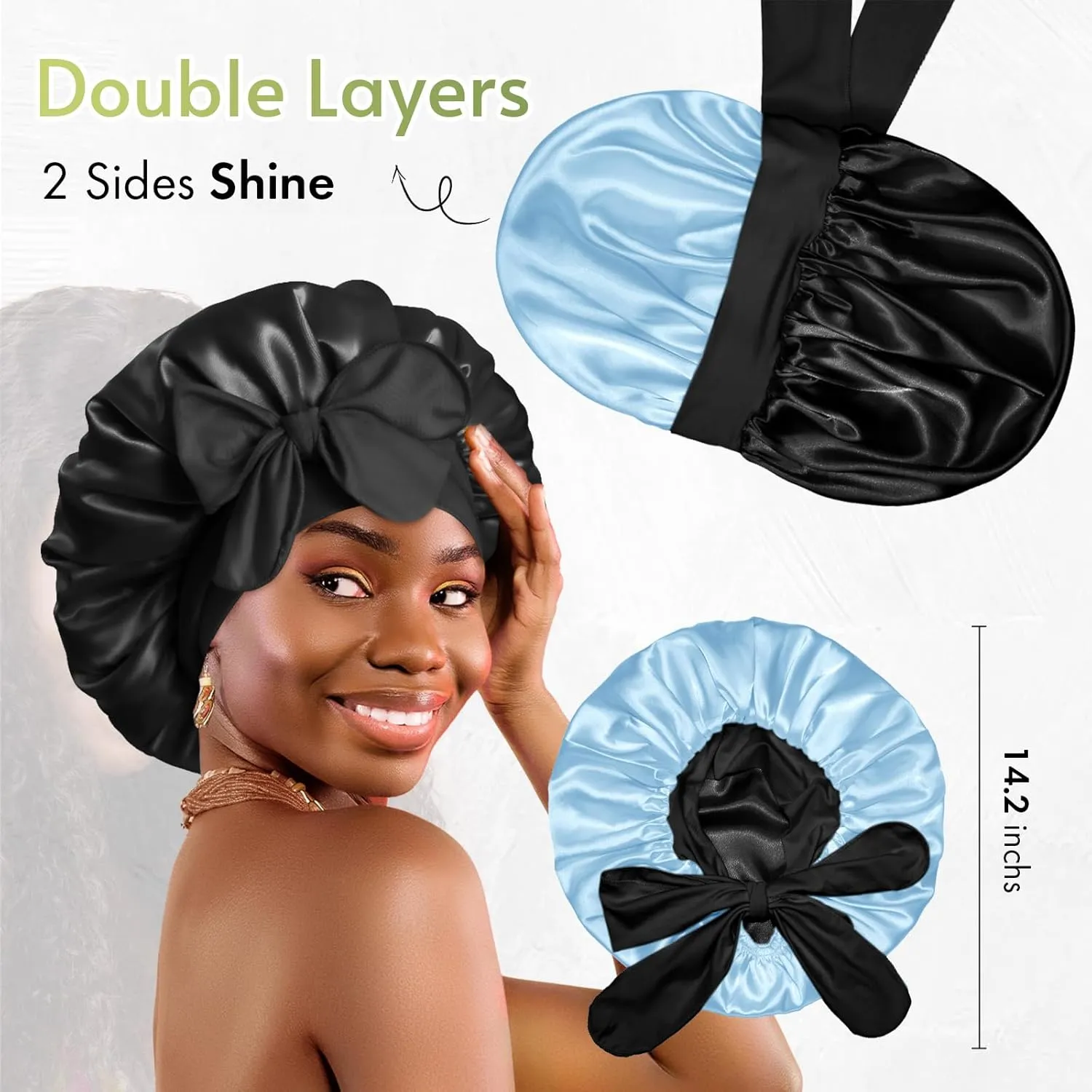 BONNET QUEEN Silk Bonnet for Sleeping Women Hair Bonnet REVERSIBLE Double Layer Satin Bonnet Tie Bonnet Sleep Satin Hair Wrap Night Cap For Curly Hair Black Blue