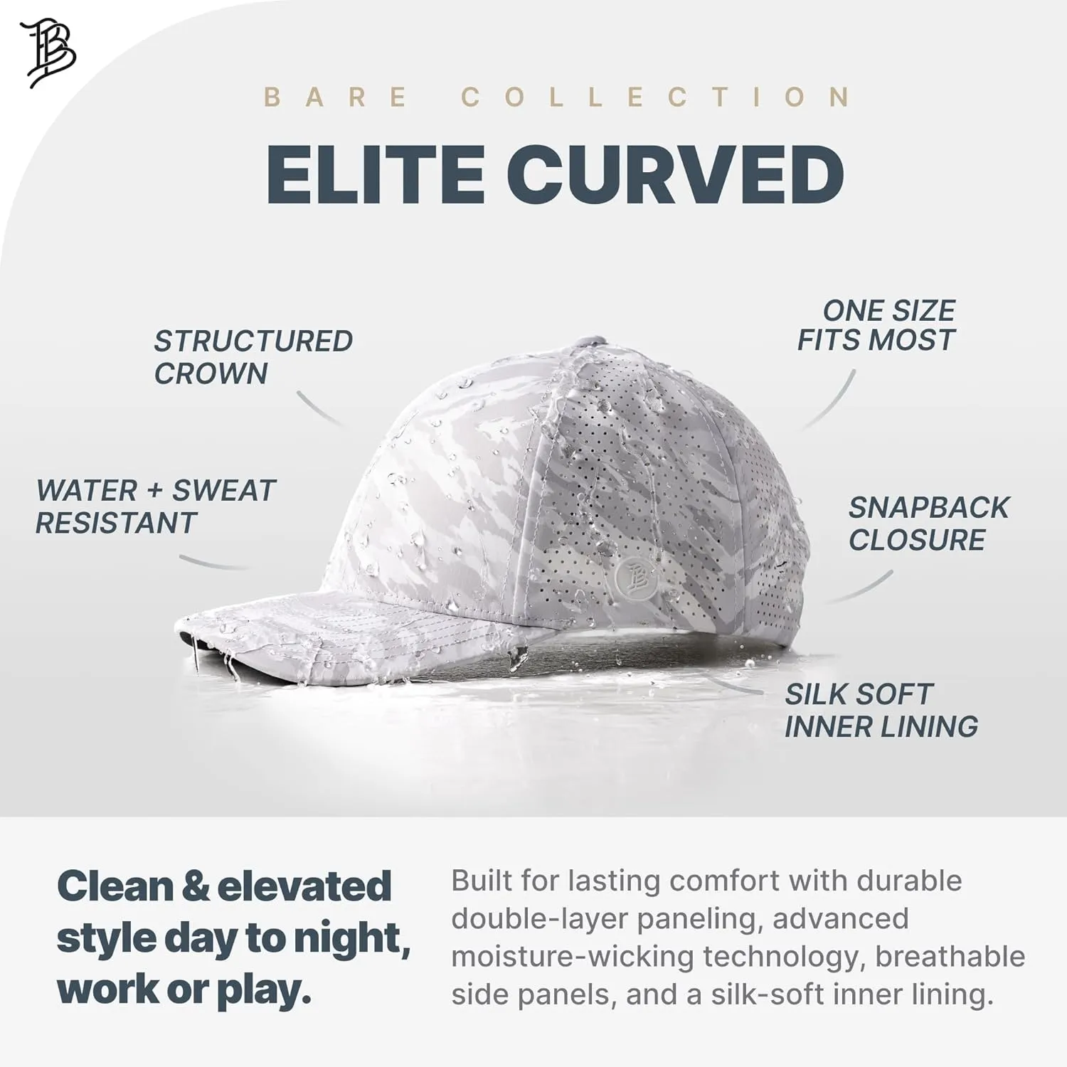 Branded Bills Bare Elite Hat, Performance Paneling, Adjustable Snapback, Silk-Soft Front Lining, Water-Repellent Shell