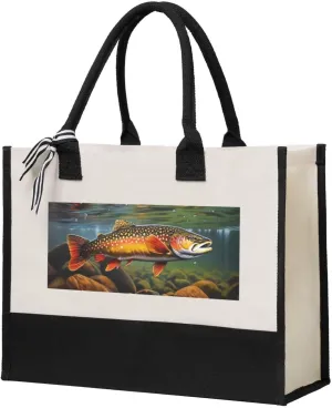 Brook Trout Fly Fishing Print Canvas Shopping Bag Reusable Handbag For Everyday And Special Occasions