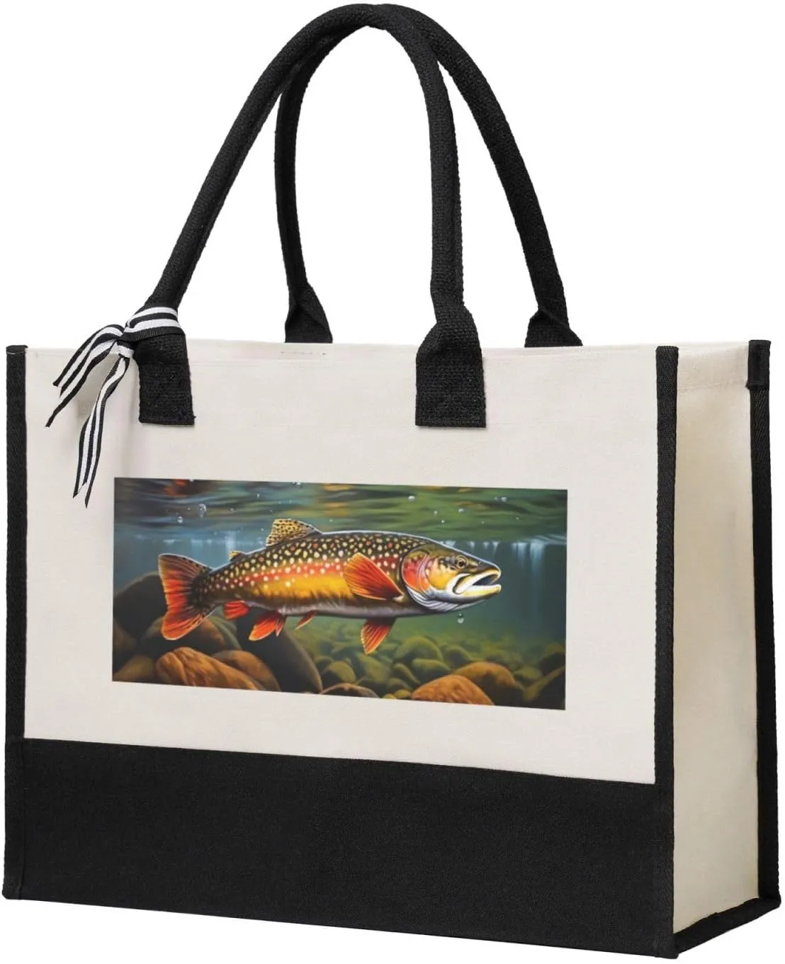 Brook Trout Fly Fishing Print Canvas Shopping Bag Reusable Handbag For Everyday And Special Occasions