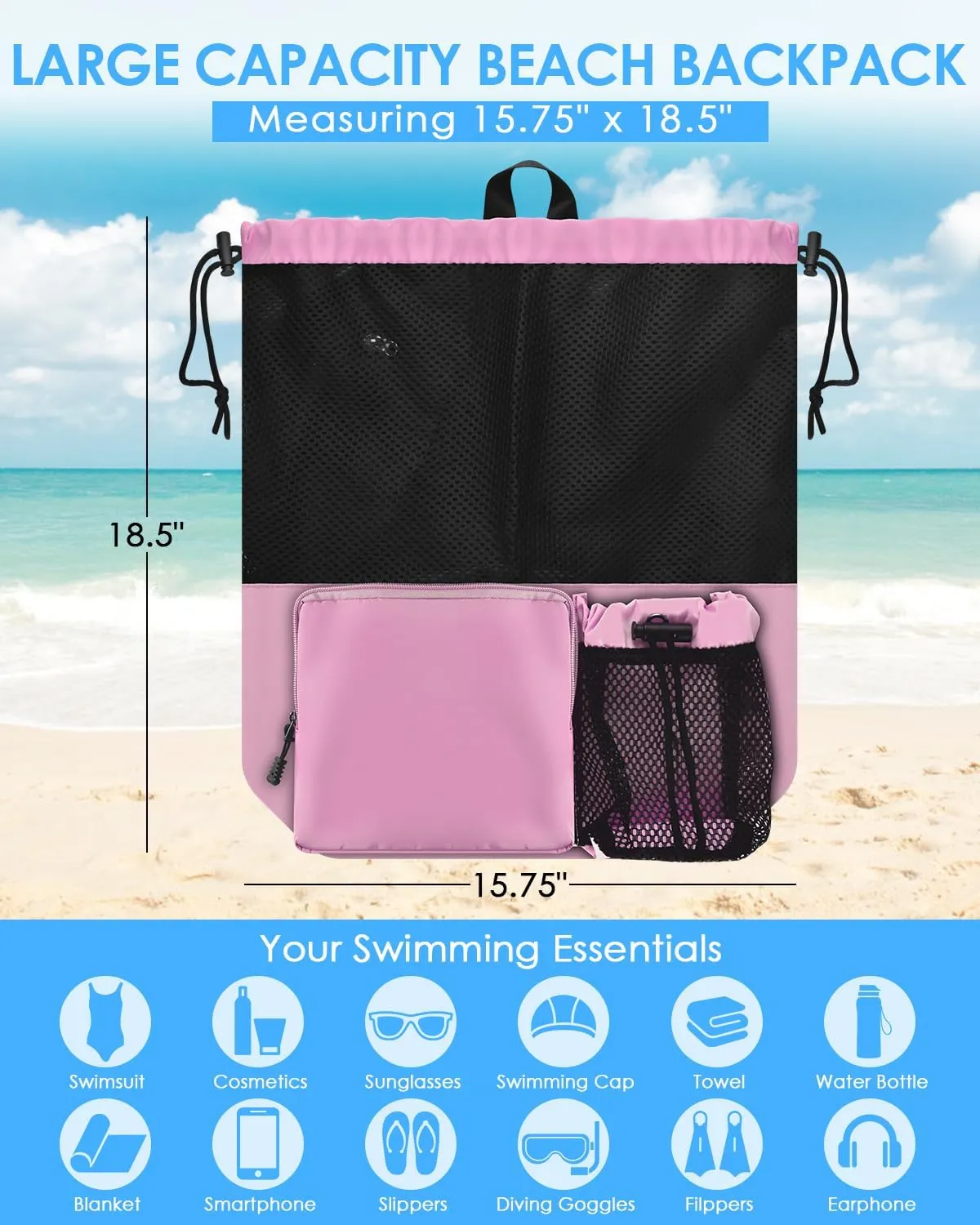 BROTOU Swim Bag Beach Backpack with Wet Pocket Mesh Drawstring Bags for Swimming, Gym