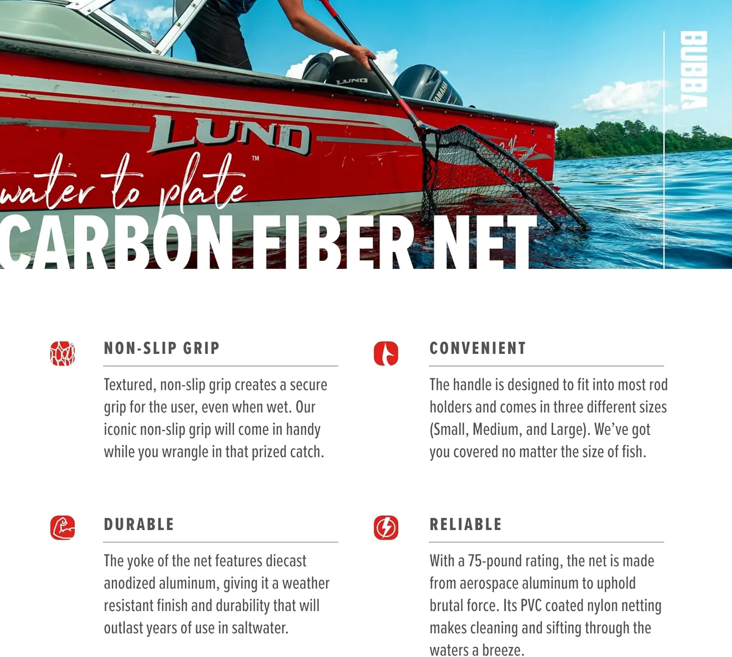 BUBBA Landing Nets with Corrosion Resistant Construction, Non-Slip Grip Handle and Carbon Fiber Shafts for Fishing, Angling, Boating and Outdoors