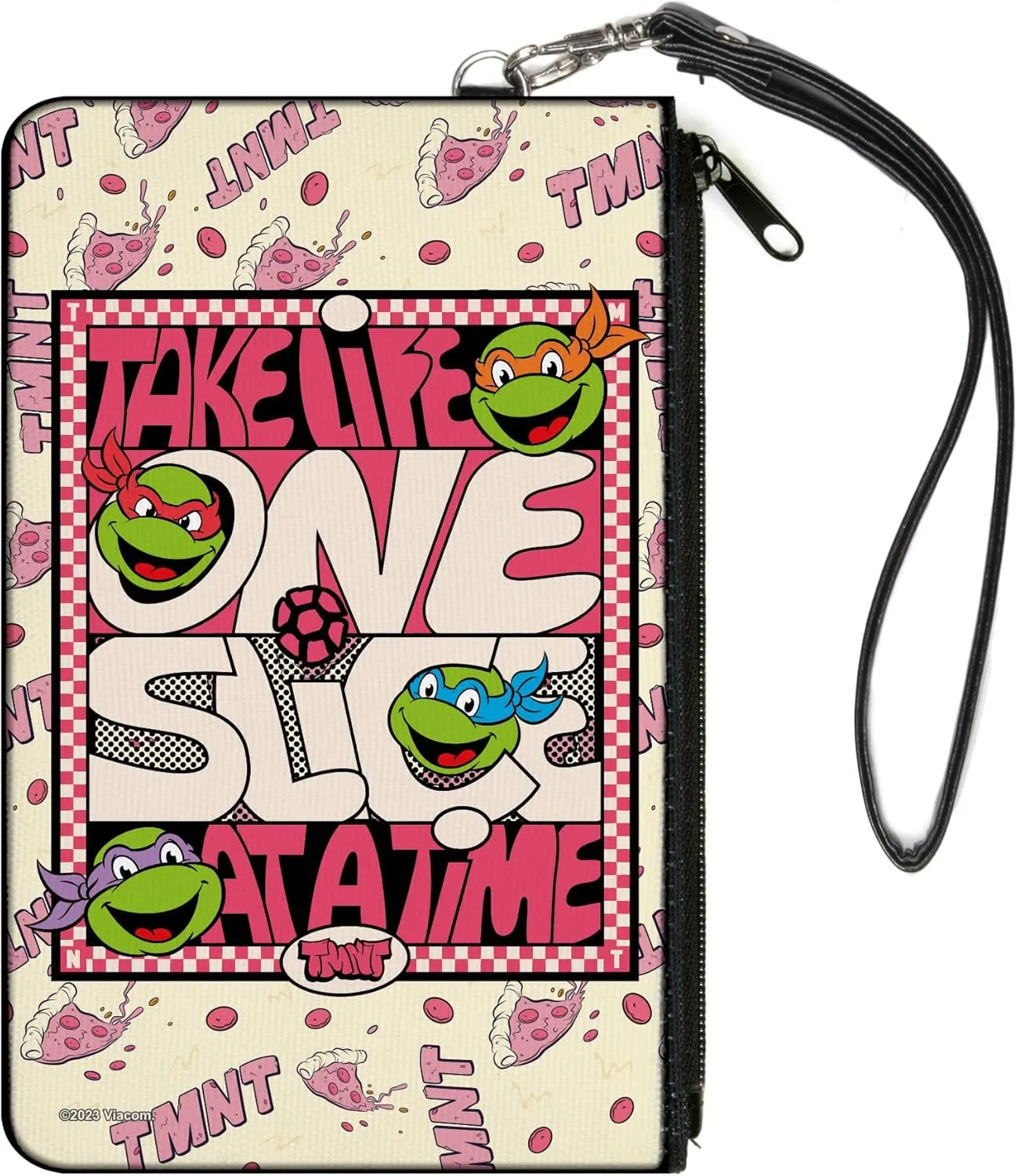 Buckle-Down Nickelodeon Zip Around Clutch Wristlet Travel & Credit Card Holder Wallet, Ninja Turtles Take Life One Slice at a Time Pizza Collage, Canvas