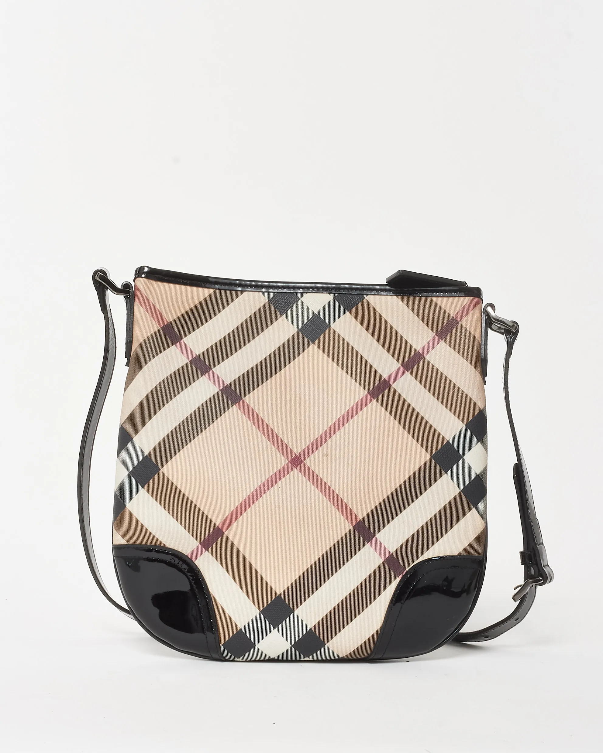 Burberry Beige Nova Check Coated Canvas Black Patent Trim Dryden Crossbody Bag