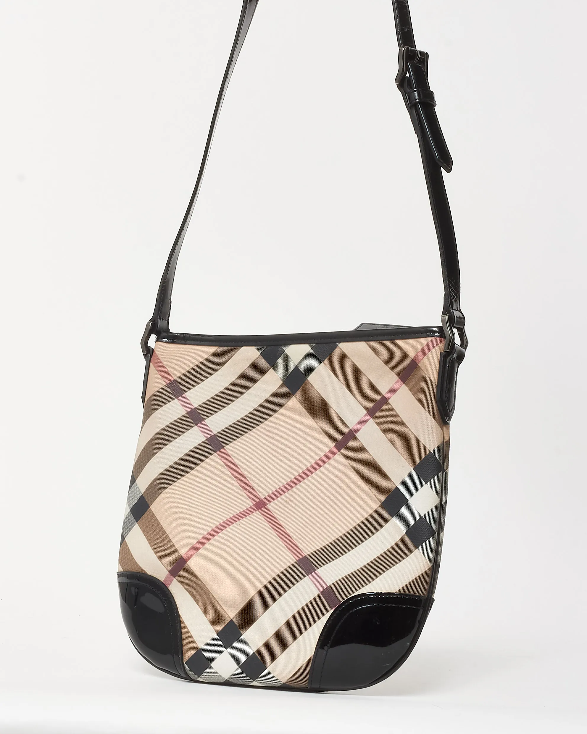 Burberry Beige Nova Check Coated Canvas Black Patent Trim Dryden Crossbody Bag