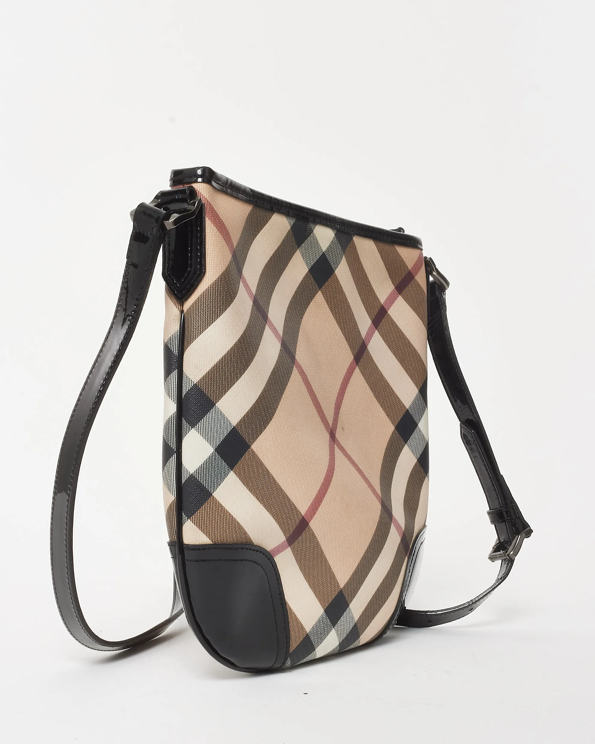 Burberry Beige Nova Check Coated Canvas Black Patent Trim Dryden Crossbody Bag