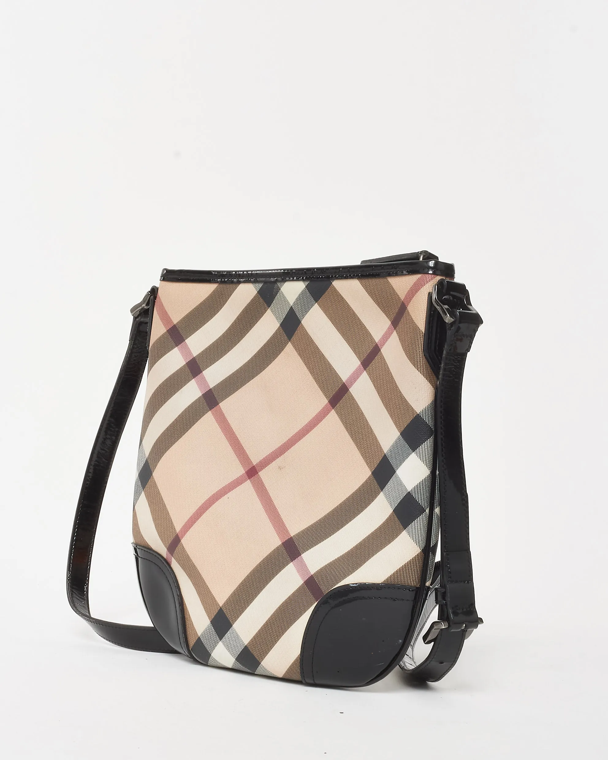 Burberry Beige Nova Check Coated Canvas Black Patent Trim Dryden Crossbody Bag
